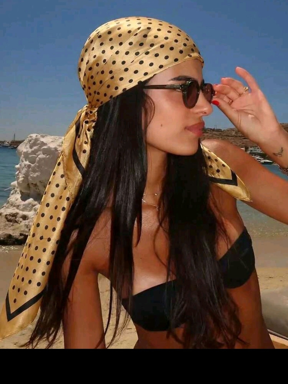 Polka Dot Headscarf - Gold with Black Trim - Picture 3 of 3